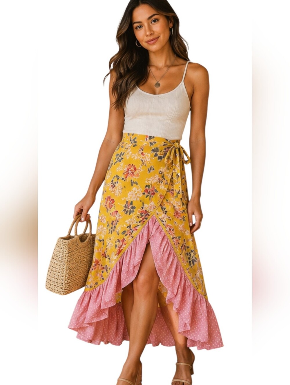 Solitaire Floral Wrap Midi Skirt Yellow Pink Ruffle Boho Cottagecore XL